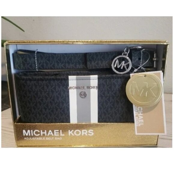 Michael Kors Black Dark Gray Belt Bag Logo Signature NWT Gift Box - Picture 2 of 7